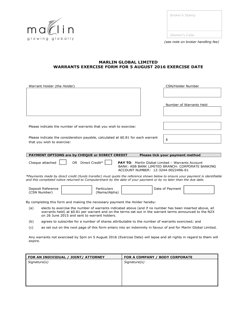 Fillable online marlin co marlin warrant exercise form 2016 marlin