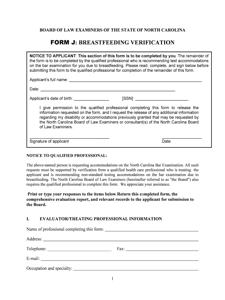 form j: breastfeeding verification - North Carolina Board of Law Preview on Page 1