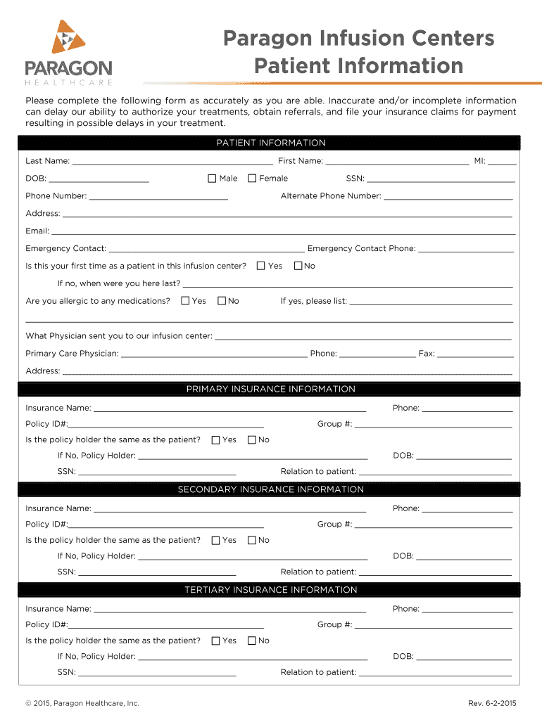 Fillable Online Paragon Infusion Centers Patient Information Fax Email