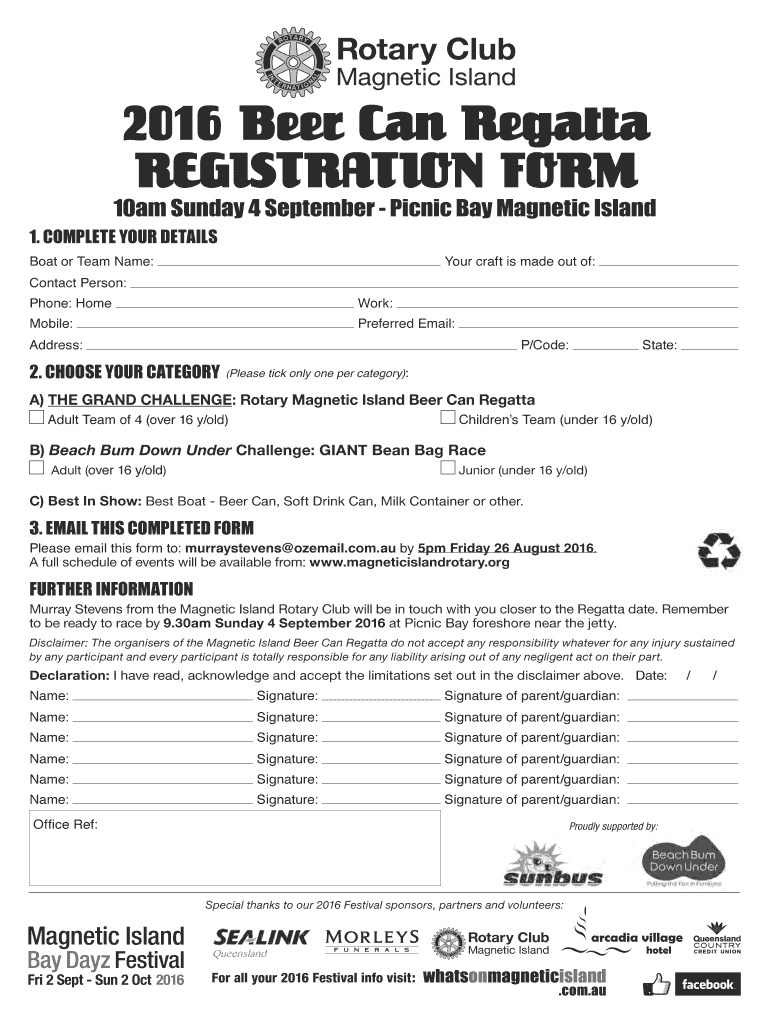 Fillable Online Beer Can Regatta Island Registration Form 2016