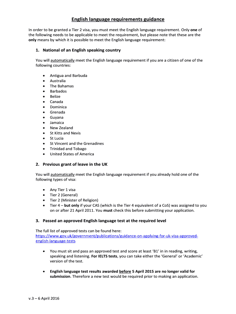 Fillable Online English language requirements guidance Fax Email Print