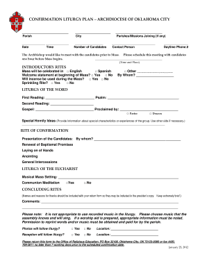 Confirmation Liturgy Plan Form - Archdiocese of Oklahoma City - archokc