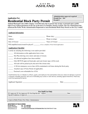 Fillable Online ashland or Residential Block Party Permit Form 07 16 ...
