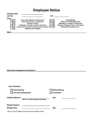 Employee Name: Job Title: 17 28 39 410 511 6 *Verbal Warning *Written Warning Final Warning/Suspension (N/A for a verbal warning or termination) * Does not create an