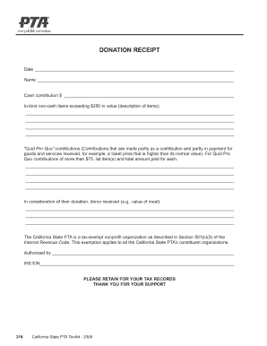 DONATION RECEIPT Date Name Cash contribution $ In-kind non-cash items exceeding $250 in value (description of items): Quid Pro Quo contributions (Contributions that are made partly as a contribution and partly in payment for goods and