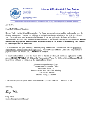 Moreno Valley Unified School District Bus Pass Application