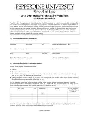 2013-2014 FAFSA Verification Worksheet