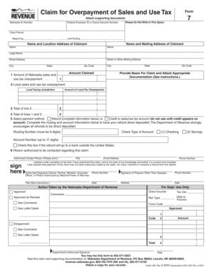 Nebraska Sales and Use Tax Overpayment Claim Form