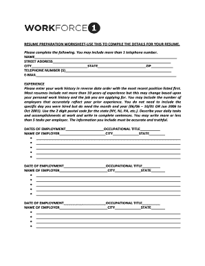 Resume Preparation Worksheet