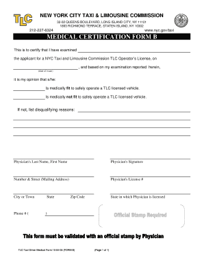 NYC TLC Taxi Driver Medical Certification Form