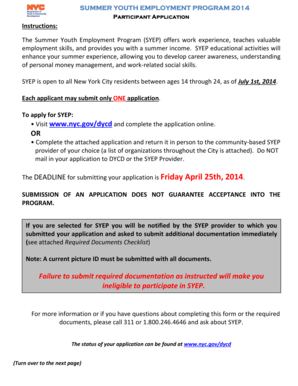 Summer Youth Employment Program 2014 Application