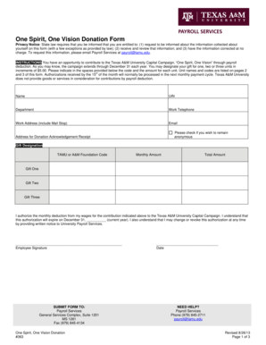 Paycheck deduction authorization form - One Spirit, One Vision Donation Form - Payroll Services - Texas ... - payroll tamu