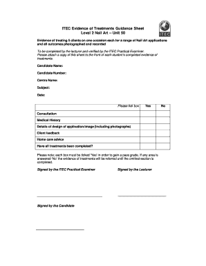 Nail Art Level 2 Treatment Evidence Guidance Form - ITEC ITEC