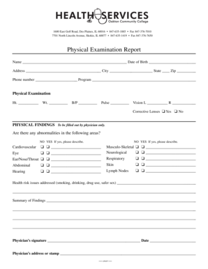 Physical Examination Report and Immunization Requirements
