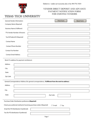 Vendor Direct Deposit and Advance Payment Notification Form
