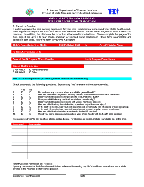 Arkansas Better Chance Pre-K Health Form