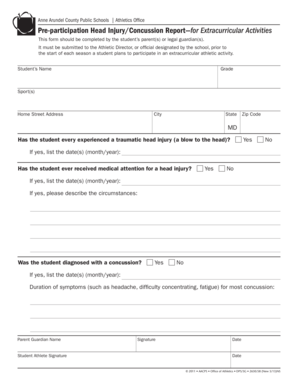 Pre-participation Head Injury Concussion Report