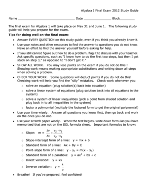 Algebra I Final Exam 2012 Study Guide