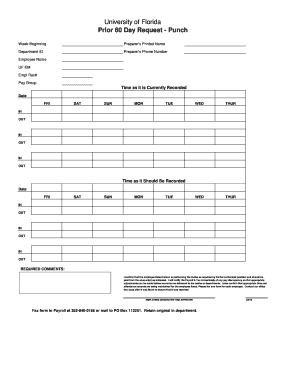University of Florida Prior 60 Day Request Punch Form