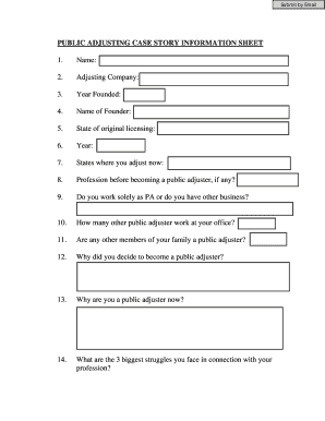 Public Adjuster Case Story Information Sheet