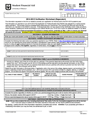 2014-2015 Verification Worksheet (Dependent)