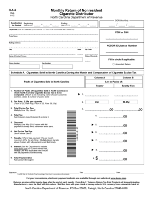 North Carolina B-A-6 Cigarette Distributor Monthly Return