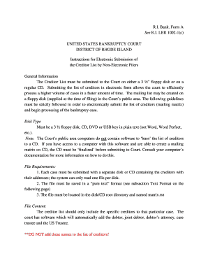 US Bankruptcy Court Creditor List Form