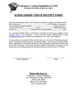 Scholarship check receipt form - Coleman A. Young Foundation - cayf