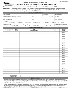 Escort Vehicle Driver Training Attendance Roster