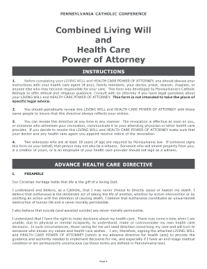 Pennsylvania Catholic Living Will and Health Care Power of Attorney