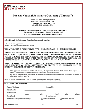 Psychiatric Nurse Practitioner and Physician Assistant Insurance Application