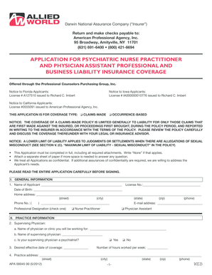 Psychiatric Nurse Practitioner and Physician Assistant Insurance Application