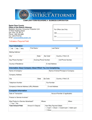 Complaint Form Regarding a Business/Corporation