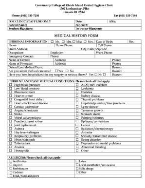 Dental Hygiene Medical History Form