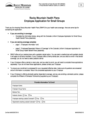 Colorado Uniform Employee Application for Small Group Health Benefit Plans