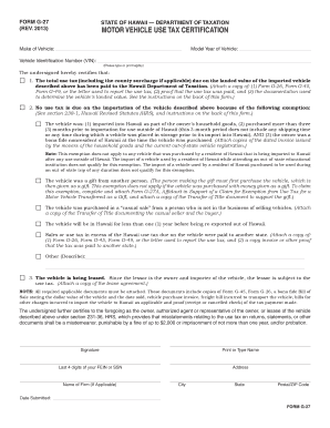 Hawaii Motor Vehicle Use Tax Certification