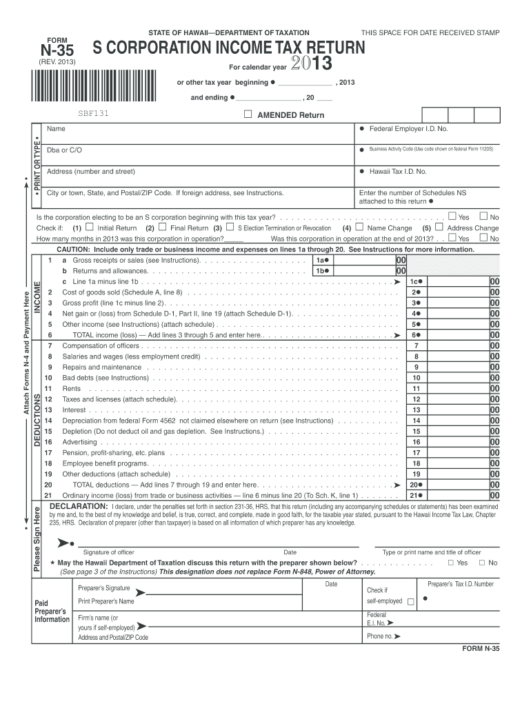 Form N-35, Rev. 2013, S Corporation Income Tax Return. Forms 2013 - Fillable Preview on Page 1.