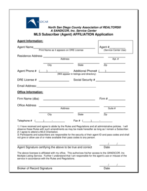 SANDICOR MLS Subscriber Affiliation Application