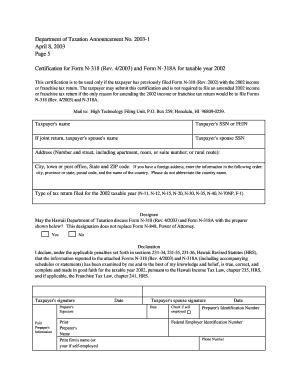 Hawaii Form N-318 Certification