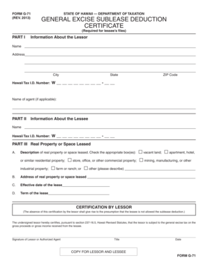 Hawaii General Excise Sublease Deduction Certificate