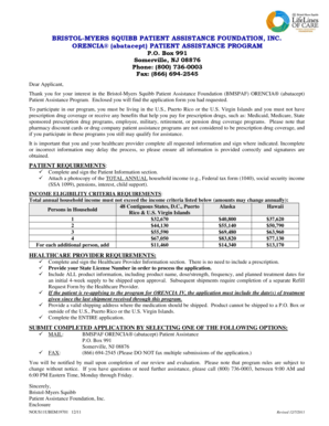 Bristol-Myers Squibb ORENCIA Patient Assistance Program Application