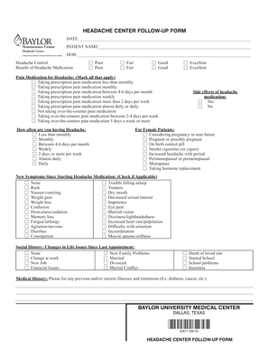Headache Center Follow-Up Form