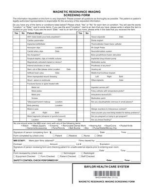 Magnetic Resonance Imaging Screening Form