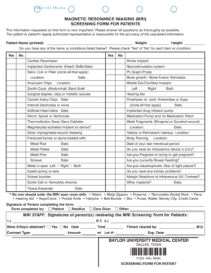 MRI Screening Form for Patients