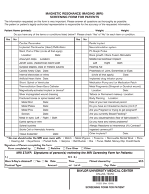 MRI Screening Form for Patients