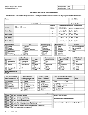 Baylor Diabetes Education Patient Assessment Questionnaire