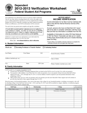2012-2013 Verification Worksheet