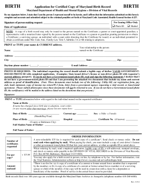 Maryland Birth Record Application