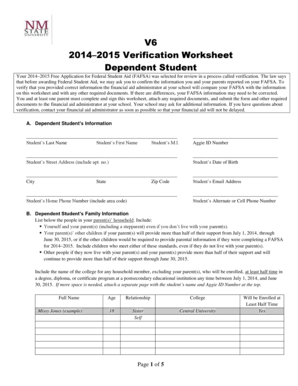 2014–2015 Verification Worksheet