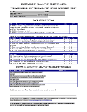 Real Estate Course Evaluation Form
